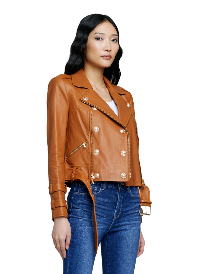 Billie Belted Leather Jacket - Cognac - Image 2